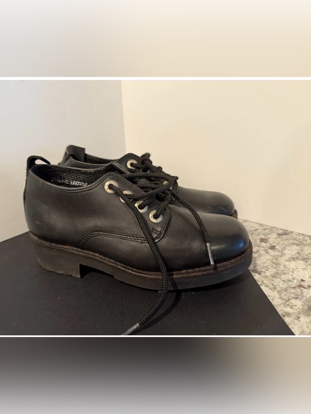 Vtg HARLEY DAVIDSON Cycle Leather Shoes Black Riding Y2K Chunky Heels sz 7.5